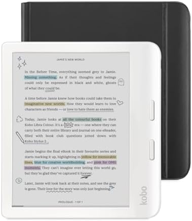 Kobo Libra Colour White eReader & Black Notebook SleepCover Bundle | 7 Glare-Free Colour E Ink Kaleido 3 Display | Dark Mode Option | Waterproof | Built-in-2-Way Stand Cover