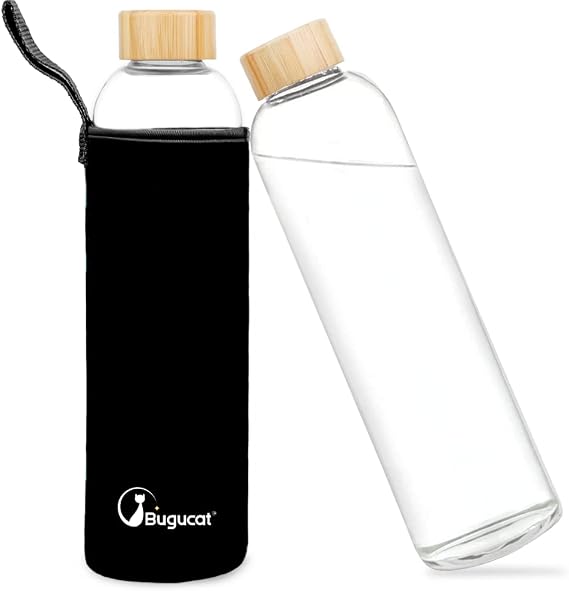 Bugucat Borosilicate Glass Water Bottle 1000ML, Reusable Lid Drinking Bottle with Protective Sleeves,Juice Beverage Container BPA-Free Leak Proof for School Sport Yoga Gym Hot Cold Drinks