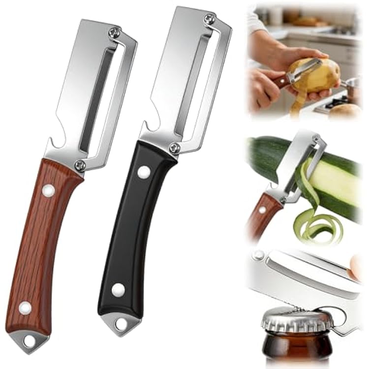 2Pcs Premium Vegetable Peeler with Wooden Handle and Bottle Opener, 3 in 1 Multifunctional Stainless Steel Blade Kitchen Tool for Potato Fruit Pineapple Pumpkin Papaya Carrot Veggie Peeler (Mix)