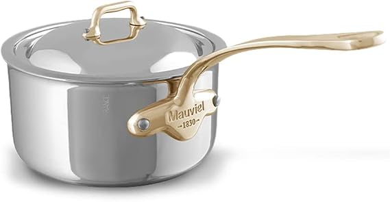 Mauviel M'Cook B 5-Ply Polished Stainless Steel Sauce Pan With Lid, And Brass Handle, 3.4 Qt, Made In France