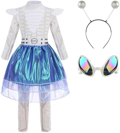 Kids Alien Costume Girls Cosmic Galaxy Outfits Children Robot Outfit 4PCS Set with Alien Glasses Halloween Cosplay