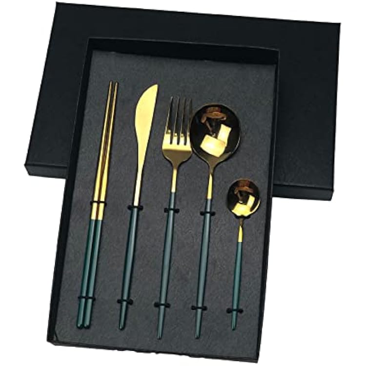 Silverware Flatware Set, 52030405060 Piece Portuguese Cutlery Flat Handle Stainless Steel Knives, Forks, Spoons And ChopsticksGreen Gold,60 Piece set for 12