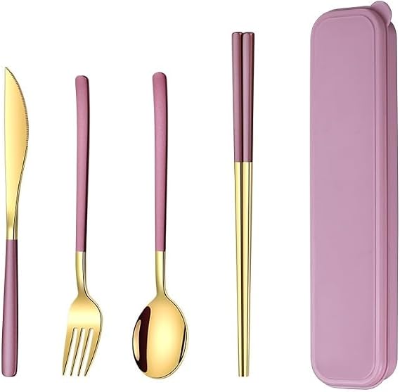 Silverware Flatware Set, 4 Pieces Stainless Steel Cutlery Steak Knife And Fork 304 Knife, Fork, Spoon And Chopsticks Gift Set(Pink Gold)