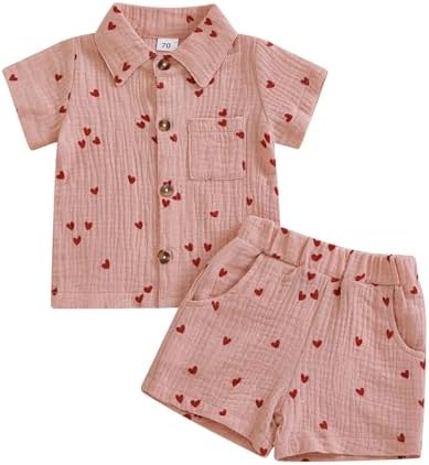 Toddler Baby Boy Valentines Day Outfit Heart Print Cotton Linen Short Sleeve Button Down Shirt and Shorts Set