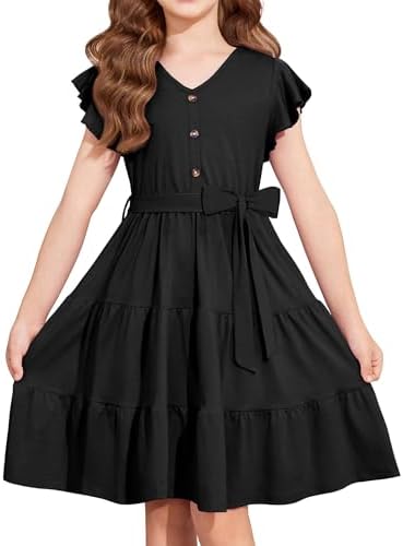 Arshiner Girls Dress Short Sleeve Summer V Neck Button Removable Belt Dresses with Pockets 5-12 Y
