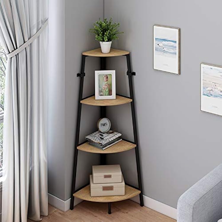 HOMYSHOPY 4-Tier Corner Bookcase, Industrial Metal Storage Corner Shelf Stand, Free Standing Corner Shelf for Office, Living RoomOak Finish, 49 Inch