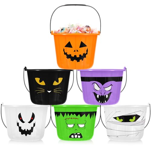 Qilery 6 Pcs Halloween Plastic Buckets Bulk with Handle 7 x 6 x 6 Inch Halloween Pumpkin Trick or Treat Buckets Jack O Lantern Candy Basket for Trick or Treat Party Favor Supplies
