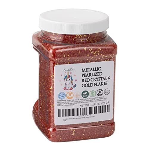 UNICORN BLEND RED CRYSTAL & GOLD FLAKE - Gluten Free, Egg Free, Nuts Free, Kosher, Large, Bulk Candy, Fancy Sugar, For Baking, Desert Decorating, Cocktails, Cupcake, Cookies, Cake, Topper, Jimmies, Sugar Shapes, Christmas Decoration, Medley Mix, Sugar Crystals