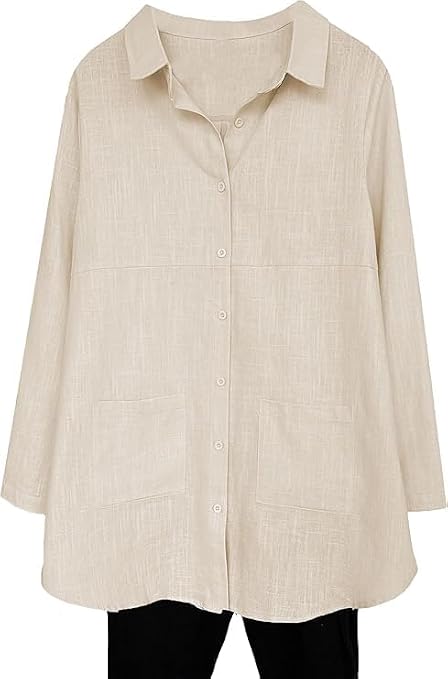 Minibee Women's Linen Shirts Button Down Long Tunic Tops Plus Size Blouse with Pockets