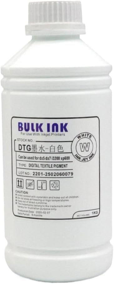 1000ml White DTG Ink Textile Ink Compatible with DX5 DX6 DX7 XP600 5113 4720 I3200 Printheads and F2100 F3070 L805 L800 Printers Garment Printing Ink(1000ML-DTG Ink WT)