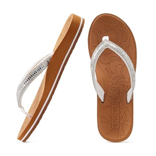 ONCAI Womens Flip Flops with Rhinestone, Arch Support Yoga Mat Comfort Walking Summer Beach Thong Sandals with Plantar Fasciitis Rubber Soles US Size 5-11