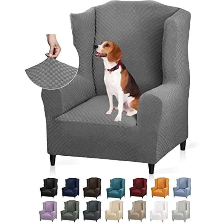 YEMYHOM 1 Piece Stretch Wingback Chair Slipcover Latest Jacquard Design Wing Chair Cover Non Slip Furniture Protector with Foam Rods for Living Room Wing Chair, Light Gray