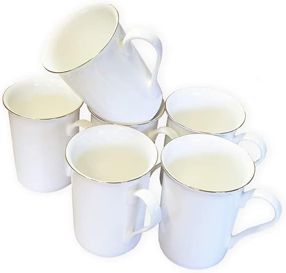 Set of 6 Fine Bone China Mugs with Gold Rim Gift Boxed Glossy White Cups