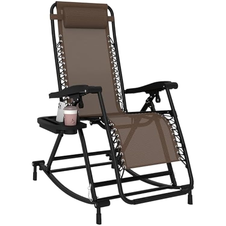 Outsunny Outdoor Rocking Chairs, Foldable Reclining Zero Gravity Lounge Rocker with Pillow, Cup & Phone Holder, Combo Design with Folding Legs, Brown