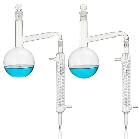 All Glass Round Bottom & Flat Bottom Distillation Flask with Serpentine Condenser Tube for Laboratory Purification(Round bottom)