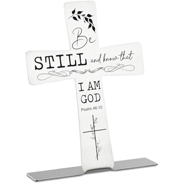 FTONENI Christian Sign with Bible Verse, Be Still and Know That I Am God, Psalm 46:10, Christian Farmhouse Nursery Cross Sign, Baptism Gifts for Home Desk Decor - FSB092