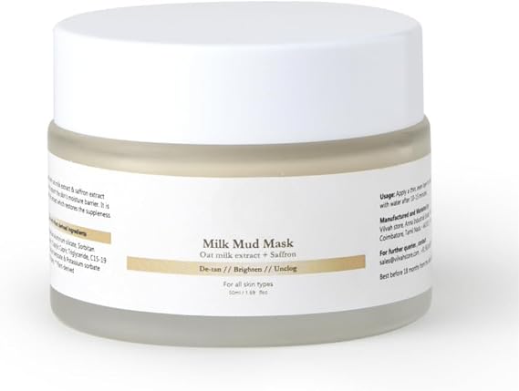 Milk Mud Mask, De-Tan Pack, With Oat Milk, Saffron Extract and Kaolin Clay, Brightening and Tan Removal Cream, Sulphate Free, For All Skin Types, For Men & Women, 50ml