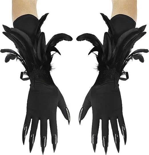 Halloween Costume Werewolf Paw Gloves Witch Long Nail Gloves Feather Cat Woman Claw Gloves Gothic Feather Cuffs Cosplay Demon Gloves Elbow Gloves Carnival Fancy Dress Black Devil Vampire Gloves