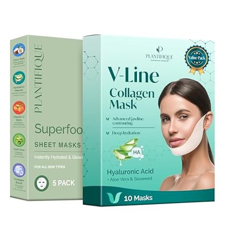 PLANTIFIQUE Superfood Facial Sheet Mask Variety Box 5 Pack and V-Line Collagen Mask for face 10 PCS | Chin Strap for Women & Men