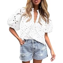 Women's Summer Lantern Sleeve Embroidered Top Dressy Casual Hollow Out V Neck Buttons Lace Blouses