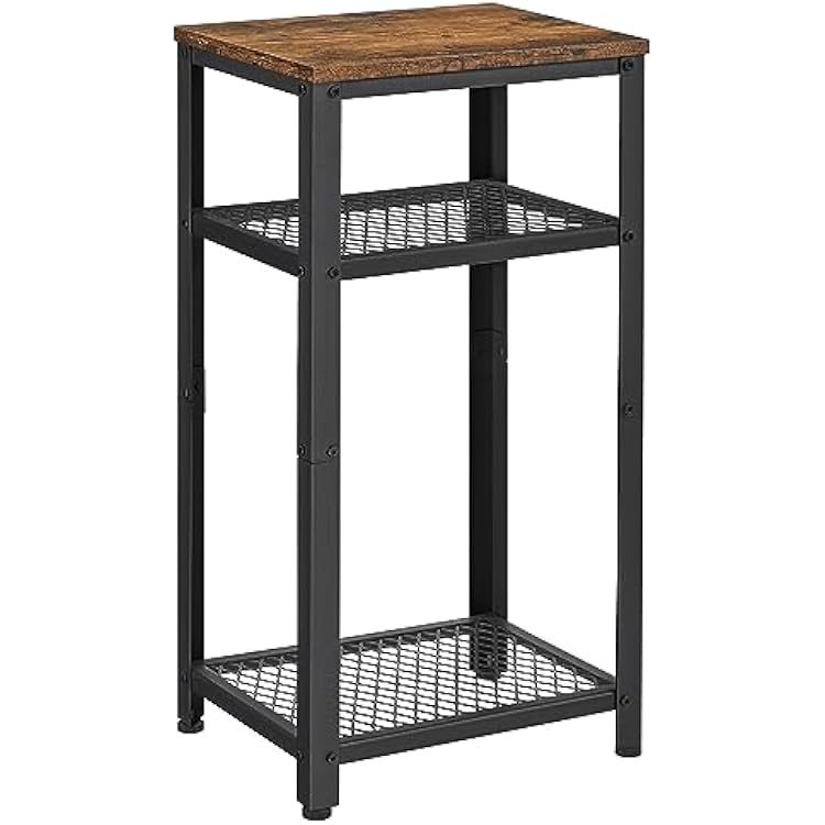 VASAGLE 3-Tier Tall Side Table, Small Telephone End Table Stand with 2 Mesh Storage Shelves for Office, Bedroom, Living Room, Kitchen Cart, Rustic Brown and Black
