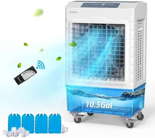 ROVSUN 2600CFM Portable Air Cooler, 10.5Gal40L Evaporative Swamp Cooler, 3-IN-1 Cooling Fan with Remote Control, 3 Speeds, 7.5H Timer & 4 Ice Box, Humidifying Oscillating Fan for Indoor or Outdoor