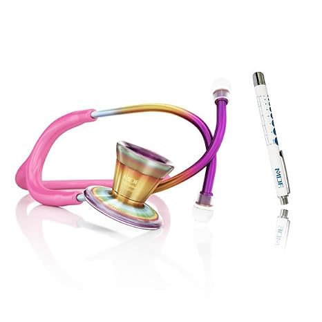 MDF Instruments ProCardial Cardiology Stethoscope, Lightweight Titanium, Adult, Dual Head, Kaleidoscope/Fuschia Tube + LUMiNiX Medical Professional Penlight