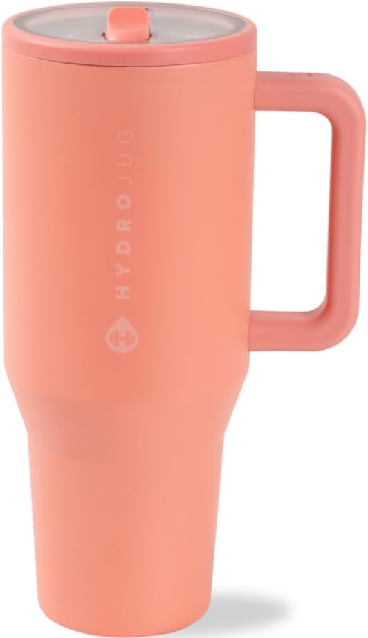 HydroJug Traveler - 32 oz Water Bottle with Handle & Flip Straw - Fits in Cup Holder, Leak Resistant Tumbler-Reusable Insulated Stainless Steel & Rubber Base - Gifts for Women & Men, Summer Peach