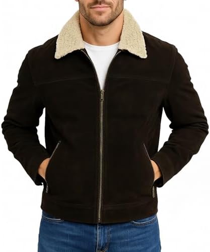 Mens Rick Brown Suede Leather Biker Jacket with Sherpa Collar - Winter Warm Western Cowboy Style Suede Coat
