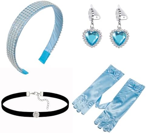 Blue Princess Costume Accesories,1 Pearl Headband 1 Choker 2 Gloves 2 Ear-Clips,Halloween Princess Cosplay Set for Women Girls Cinderella