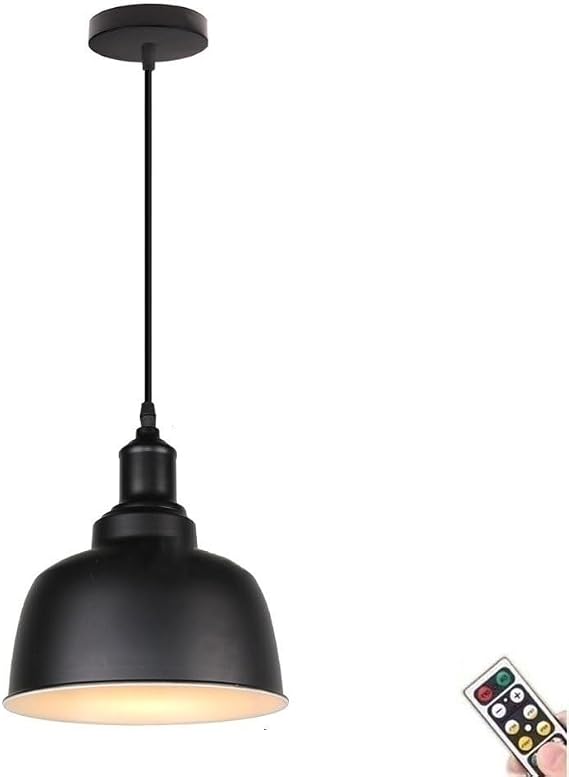 KEFA Modern Minimalist Battery Operated Pendant Light, Black Wireless Adjustable Pendant Lighting with Remote & Blub, No Wiring Ceiling Hanging Light for Kitchen Island Dining Table Living Room Barn C