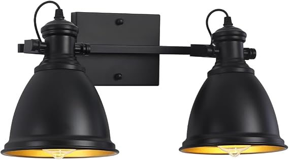 Vintage Black Double Wall Sconce 2-Lights, Hardwired Indoor Wall Lights with Metal Shade, Gooseneck Wall Lamps for Bedroom, Living Room