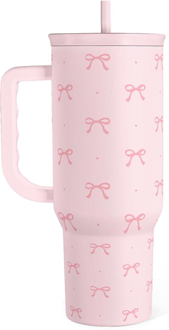 SANDJEST Gift for Women Girls - Coquette Bow Stainless Steel Tumbler with Handle, Travel Coffee Mug - Gifts for Birthday Christmas, 40oz