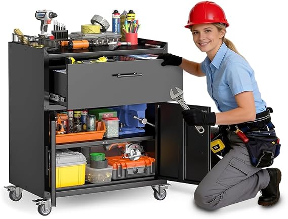 Metal Garage Storage Cabinet with Wheels, 35" H Large Capacity Rolling Tool Chest for Workshop, Garage, Cabinetry, 1 Drawer & 2 Locking Doors, Black
