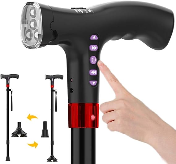 LED Folding Walking Stick, Smart FM Radio Old Man Walking Stick Lighting Alarm Telescopic Musical Ultra Light Music Electronic Cane for Elderly,Crutches Times