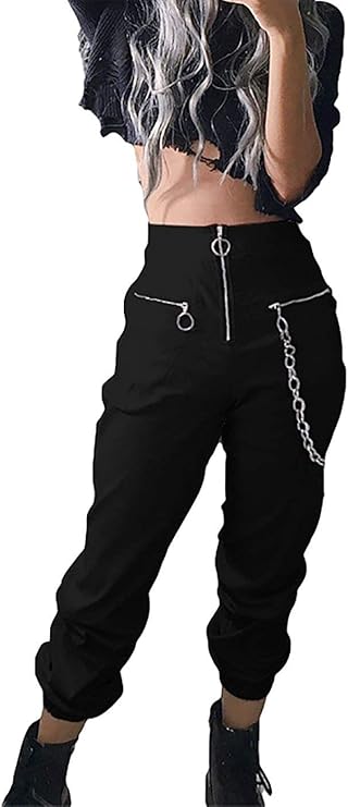 TSMNZMU Womens Gothic Pants Y2K Punk Zipper Trousers Grunge Alt Harajuku High Waist Pants Emo Hip-Hop Pants with Chain
