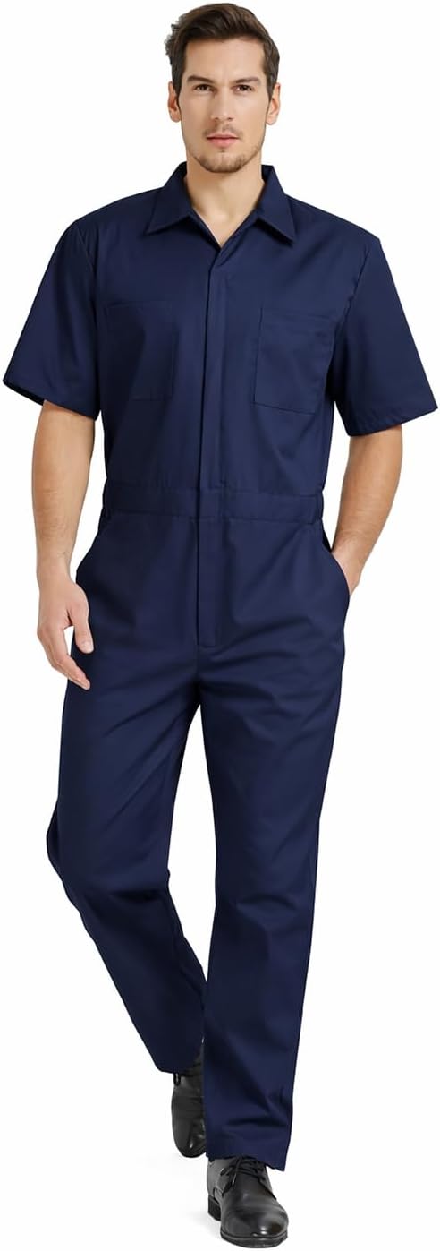 TopTie Men's Short-Sleeve Coverall Work Jumpsuit Lightweight with Zipper Front Elastic Waist