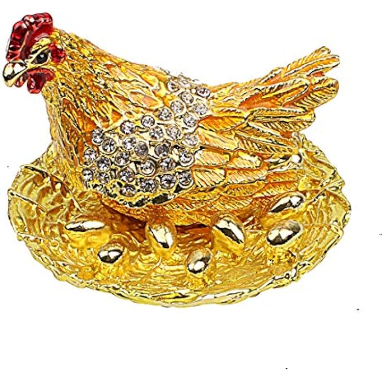 Hophen Hen Hatching Eggs Bejeweled Collectible Trinket Jewelry Box Chicken Coop Ring Holder Mother`s Day Home Decor Figurine Ornament Colorful Gold