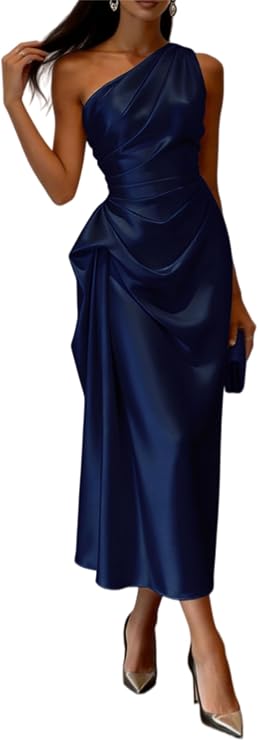 Women's One Shoulder Satin Ruffle Bridesmaid Dresses Summer Sexy Pleated Formal Evening Party Wedding Guest Midi Gown Dress