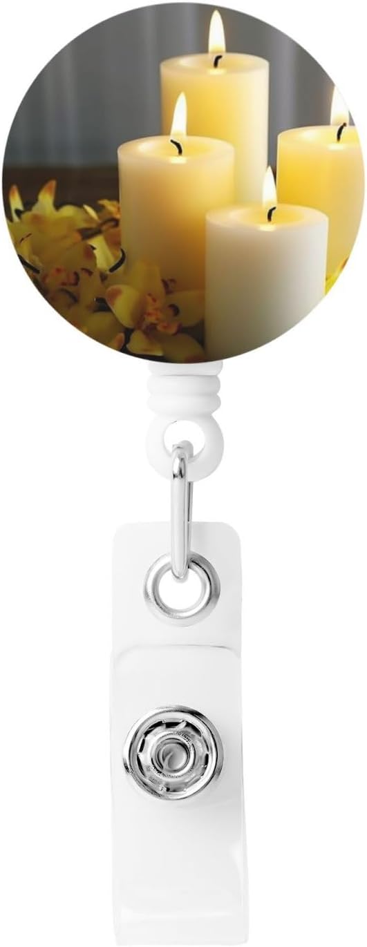 Badge Reels Retractable Badge Holder Yellow Butterfly with White Candles Heavy Duty Batch Holder Name ID Badge Clips for Office Worker Doctor Nurse ID Badge Reel with Belt Clip Keychain