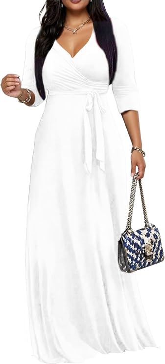 Women's Church Maxi Wrap V Neck 3/4 Sleeve Tie Waist Plus Size Long Dress | Flattering wrap V-neck design enhances curves. High elastic tie waist accentuates the slimmest part, hides tummy.