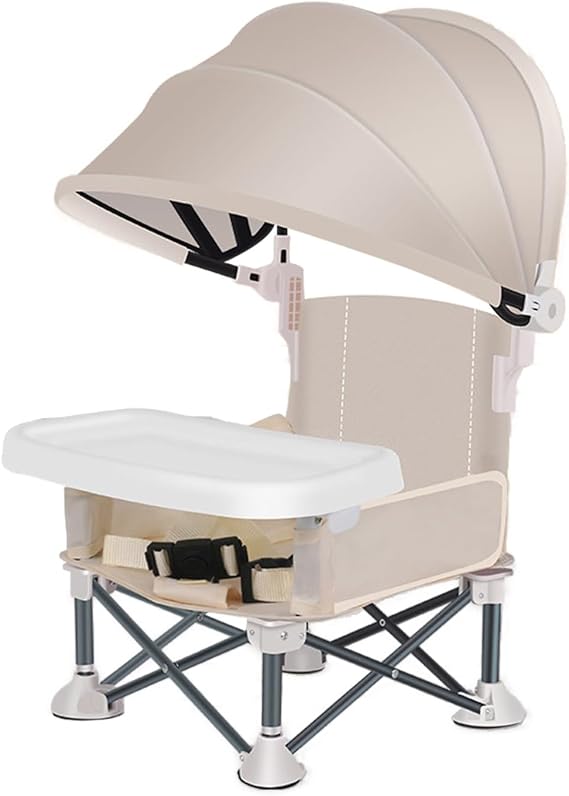 Foldable Booster Seat - Removable Tray Booster Toddlers Chair with Detachable Sunshade Travel Portable with Removable Tray for Indoor Outdoor Sit Folding Booster Feeding/Camping (White with Sunshade)