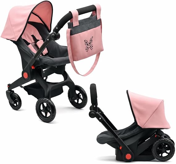 Baby Doll Convertible Travel Stroller for Girls Toddler Play Toy Car Seat Two in One Foldable Carriage for Kids with Diaper Bag Pretend Play Stroller for Doll