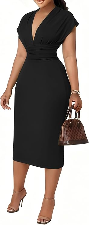 Women's Bodycon Midi Dress Deep V-Neck Cap Sleeve Ruched High Waist Stretchy Dresses for Date Nights, Parties & Work