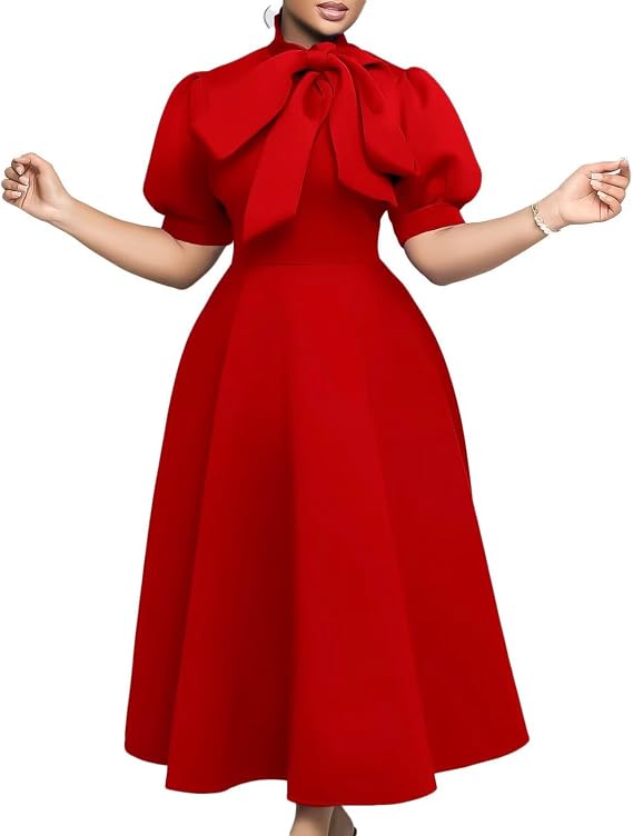 Dress for Women,Women's Bow Tie Neck Summer Casual Midi Dress Puff Short Sleeve Loose Solid Shift Dress