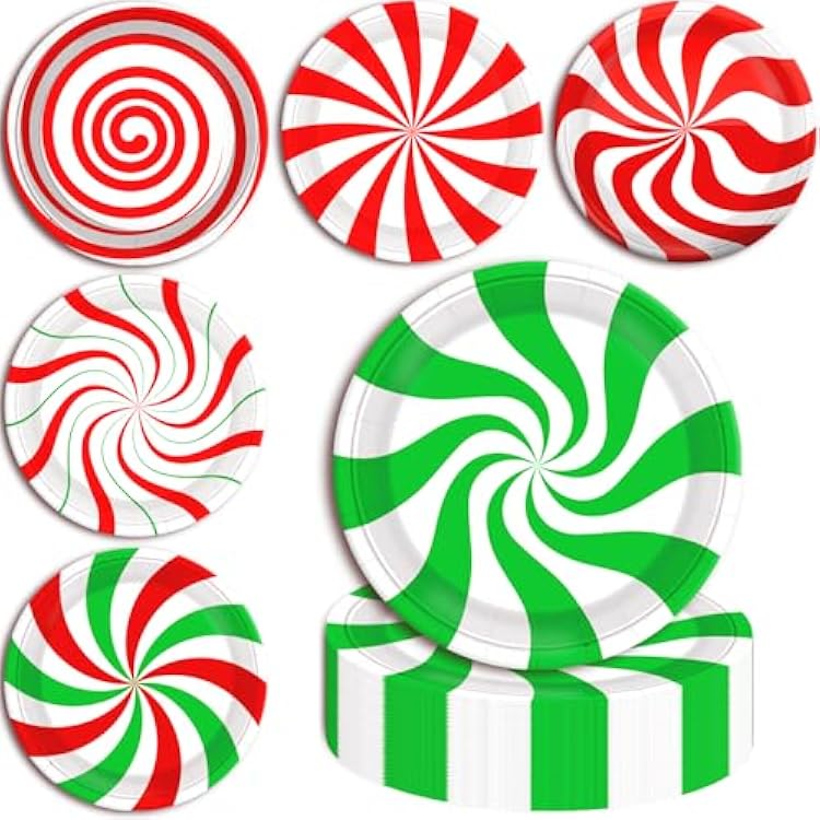 60 Christmas Candy Party Paper Plates, 7 Inch Red White and Green Striped Xmas Theme Disposable Dessert Cake Plates Dinnerware for Christmas Holiday Supplies Decorations