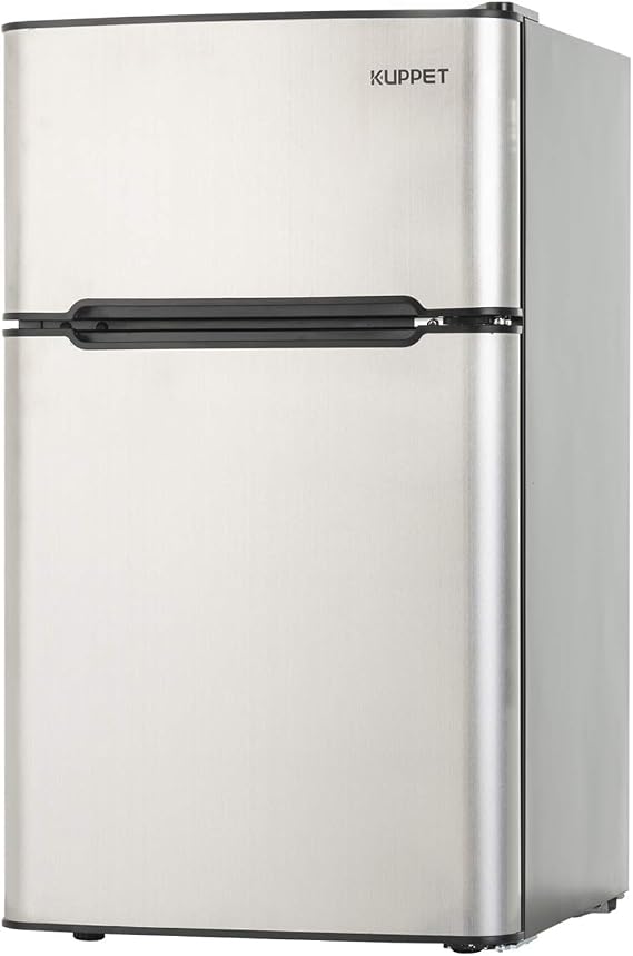 Compact Refrigerator Mini Refrigerator for Dorm,Garage, Camper, Basement or Office, Double Door Refrigerator and Freezer, 3.2 Cu.Ft, Stainless Steel