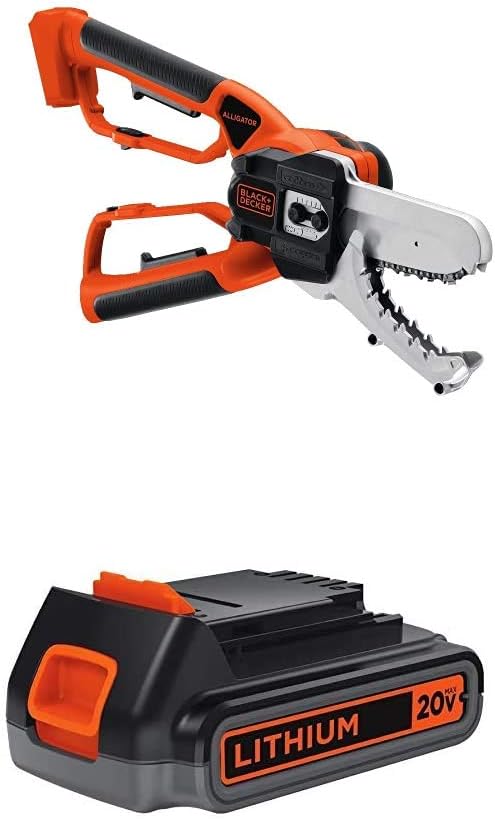 BLACK+DECKER 20V MAX Alligator Lopper Cordless Chainsaw with Lithium Battery 2.0 Amp Hour (LLP120B & LBXR2020-OPE)