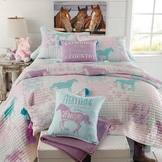 Rods Cowgirl Princess Pony Patchwork 6-Piece Twin Bed in a Bag Set Western Horse Quilt Bedding with Sham, Bedskirt, Sheets & Pillowcase Purple, Turquoise & Pink