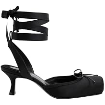 Lace Up Ballet Pumps for Women Kitten Heels Square Closed Toe Pumps Bow Ballerina Slingback Satin Cute Dressy Party Casual